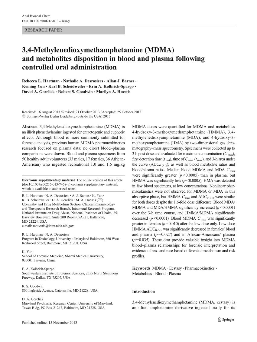Pdf 3 4 Methylenedioxymethamphetamine Mdma And Metabolites Disposition In Blood And Plasma Following Controlled Oral Administration