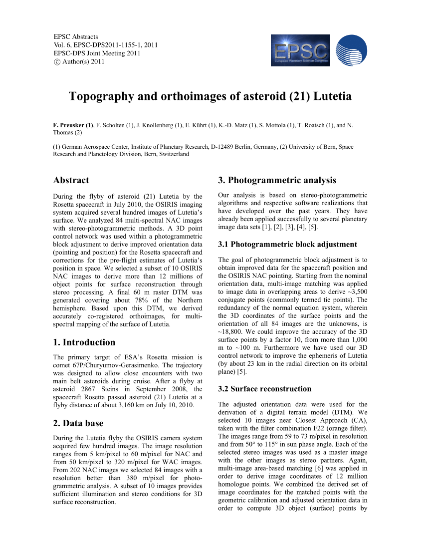 PDF Topography And Orthoimages Of Asteroid Lutetia