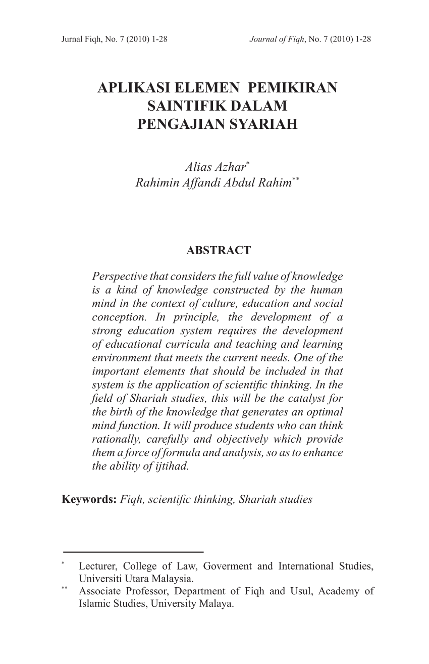 Pdf Aplikasi Elemen Pemikiran Saintifik Dalam Pengajian Syariah