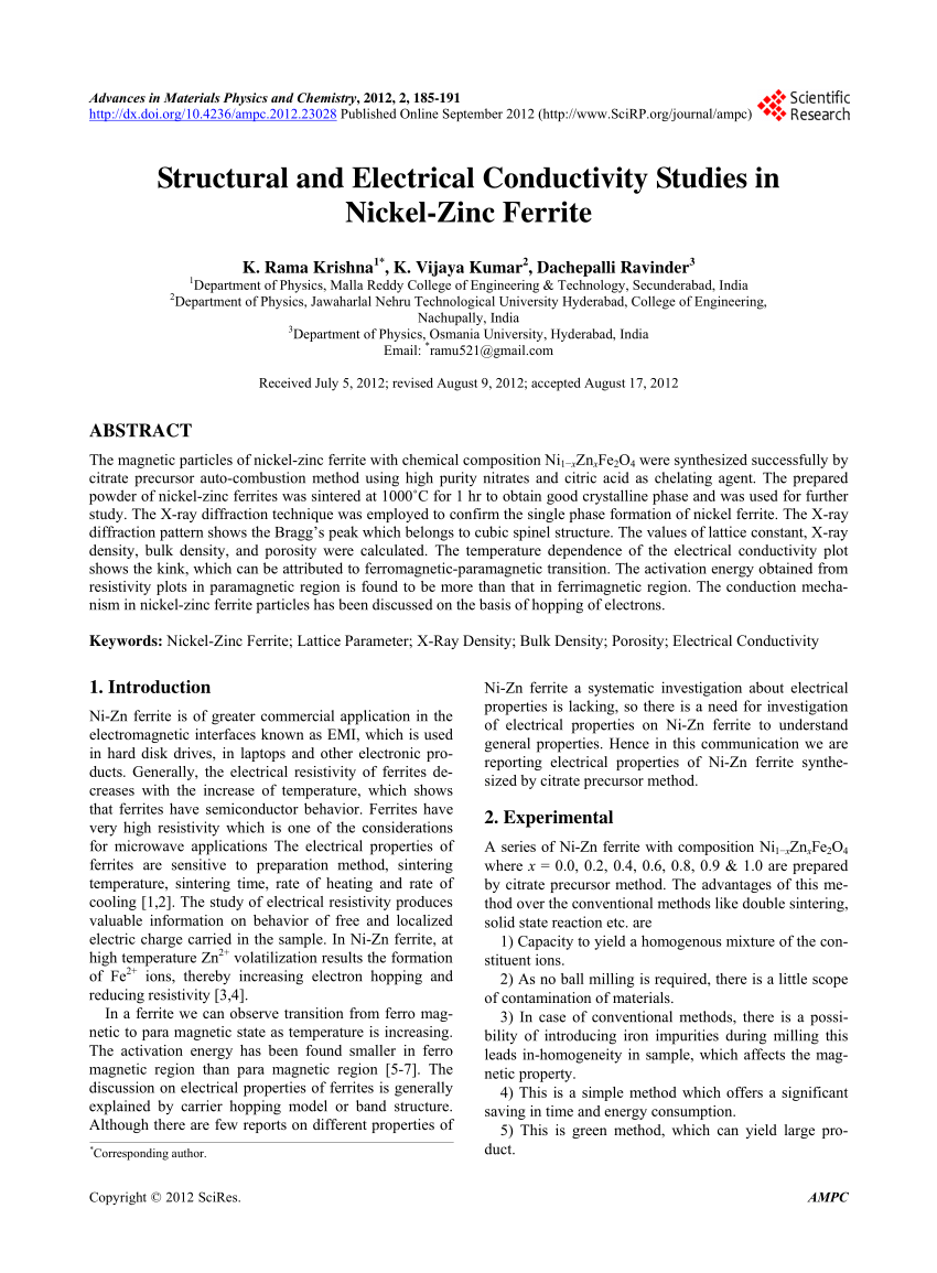 Pdf Temperature Dependence Of Electrical Properties Of Nickel Zinc Ferrites Processed By The Citrate Precursor Technique Semantic Scholar