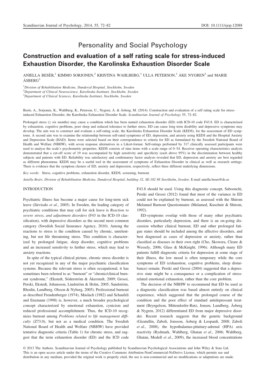 Bedre nederdel Kommunisme PDF) Construction and evaluation of a self rating scale for stress-induced  Exhaustion Disorder, the Karolinska Exhaustion Disorder Scale