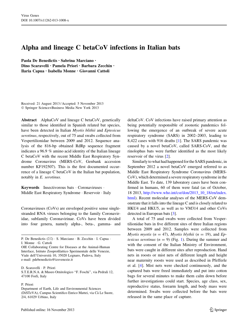 Pdf Alpha And Lineage C Betacov Infections In Italian Bats