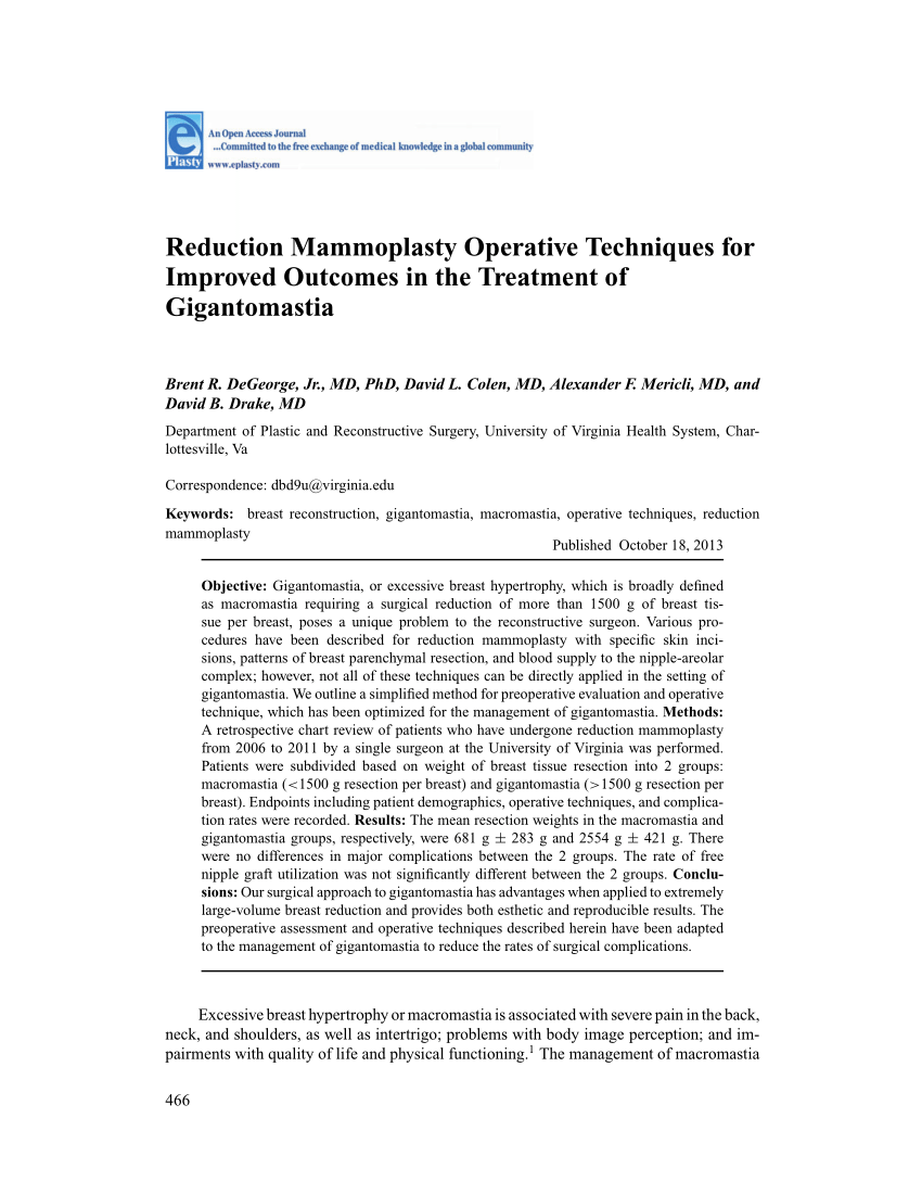 PDF) Reduction Mammoplasty Operative Techniques for Improved Outcomes in  the Treatment of Gigantomastia