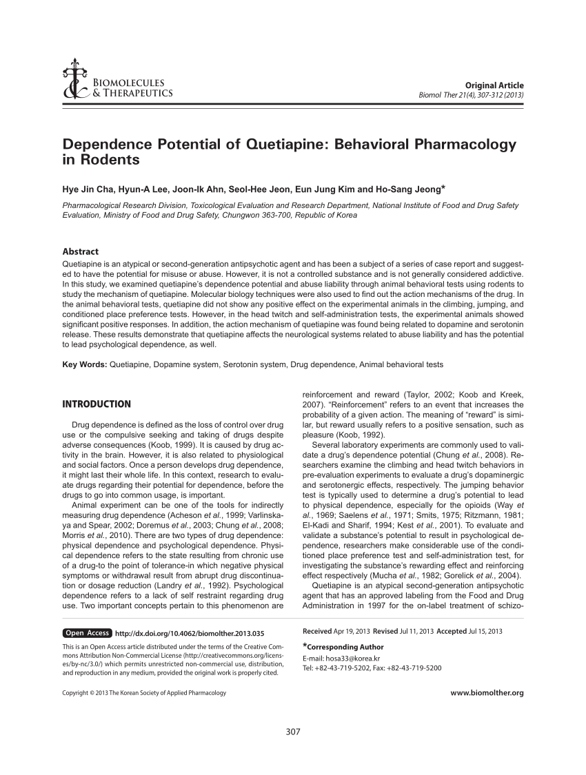 Pdf Dependence Potential Of Quetiapine Behavioral Pharmacology In Rodents