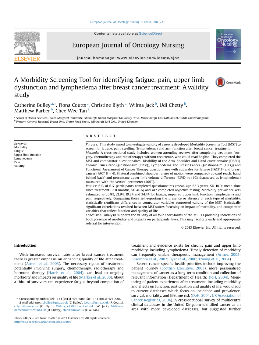 Pdf A Morbidity Screening Tool For Identifying Fatigue - 