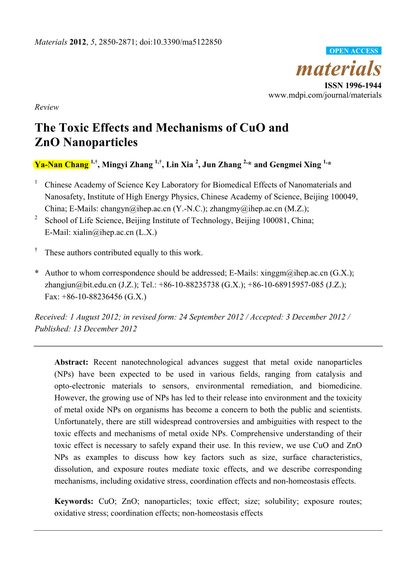 Pdf The Toxic Effects And Mechanisms Of Cuo And Zno Nanoparticles