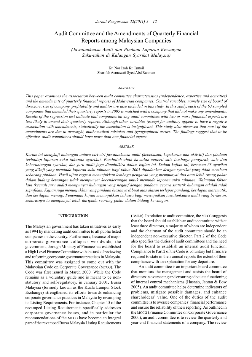 Pdf Audit Committee And The Amendments Of Quarterly Financial Reports Among Malaysian Companies