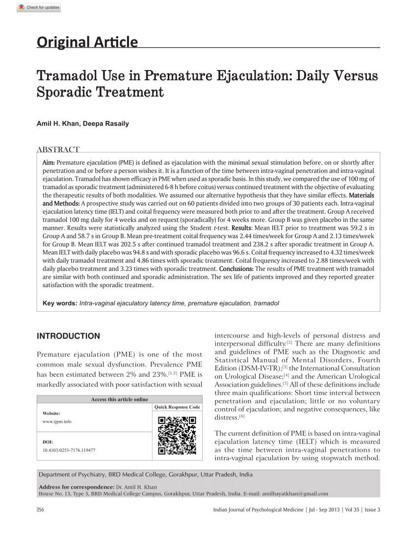 PDF Tramadol Use in Premature Ejaculation Daily Versus Sporadic