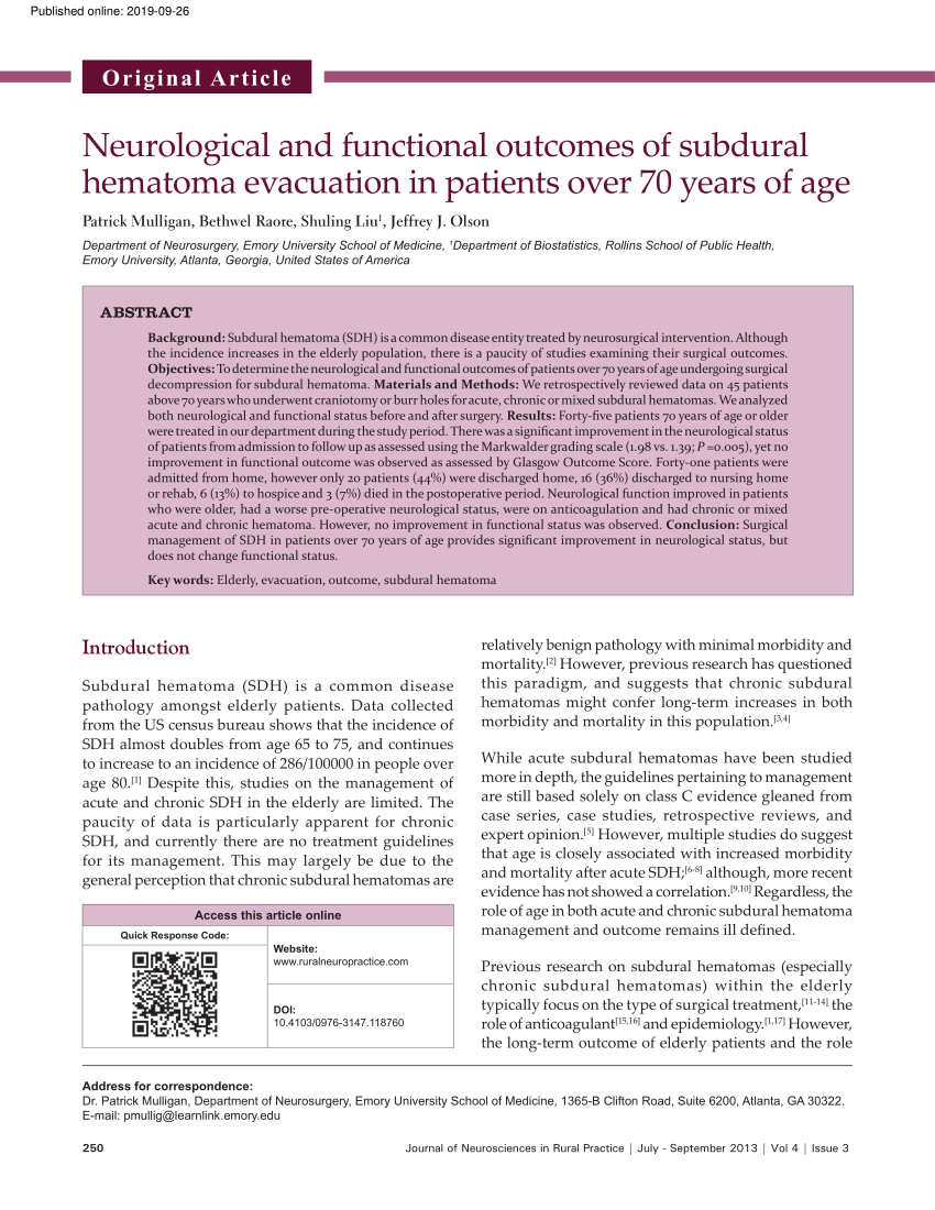 Pdf Neurological And Functional Outcomes Of Subdural Hematoma Evacuation In Patients Over