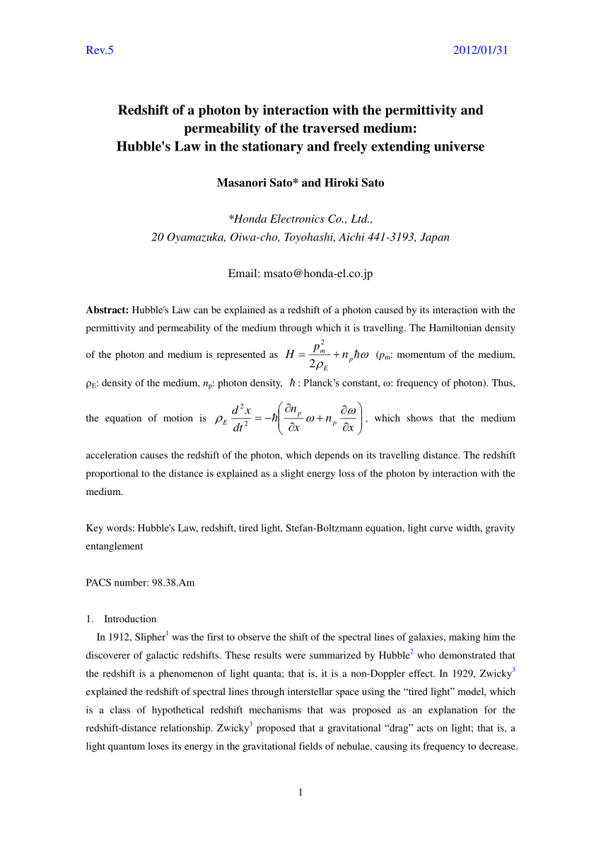 Pdf Redshift Of A Photon By Interaction With The Permittivity And Permeability Of The Traversed Medium Hubble S Law In The Stationary And Freely Extending Universe