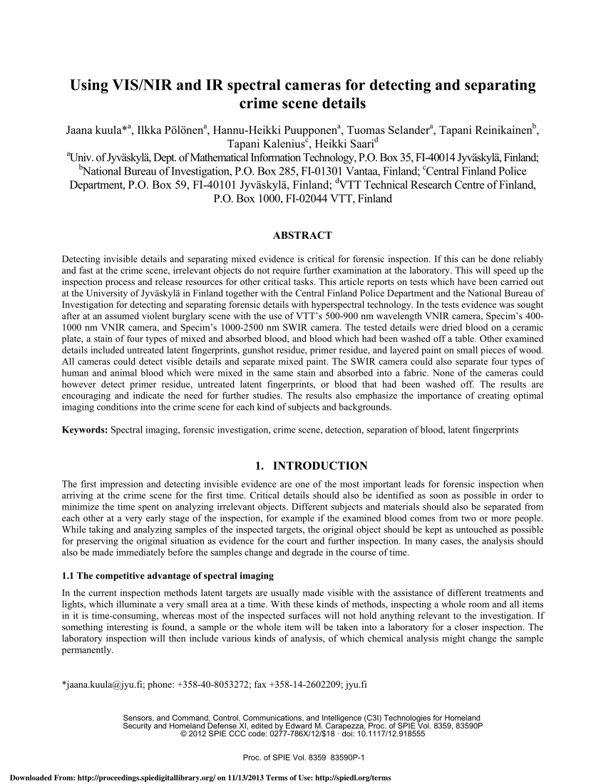 Pdf Using Vis Nir And Ir Spectral Cameras For Detecting And Separating Crime Scene Details