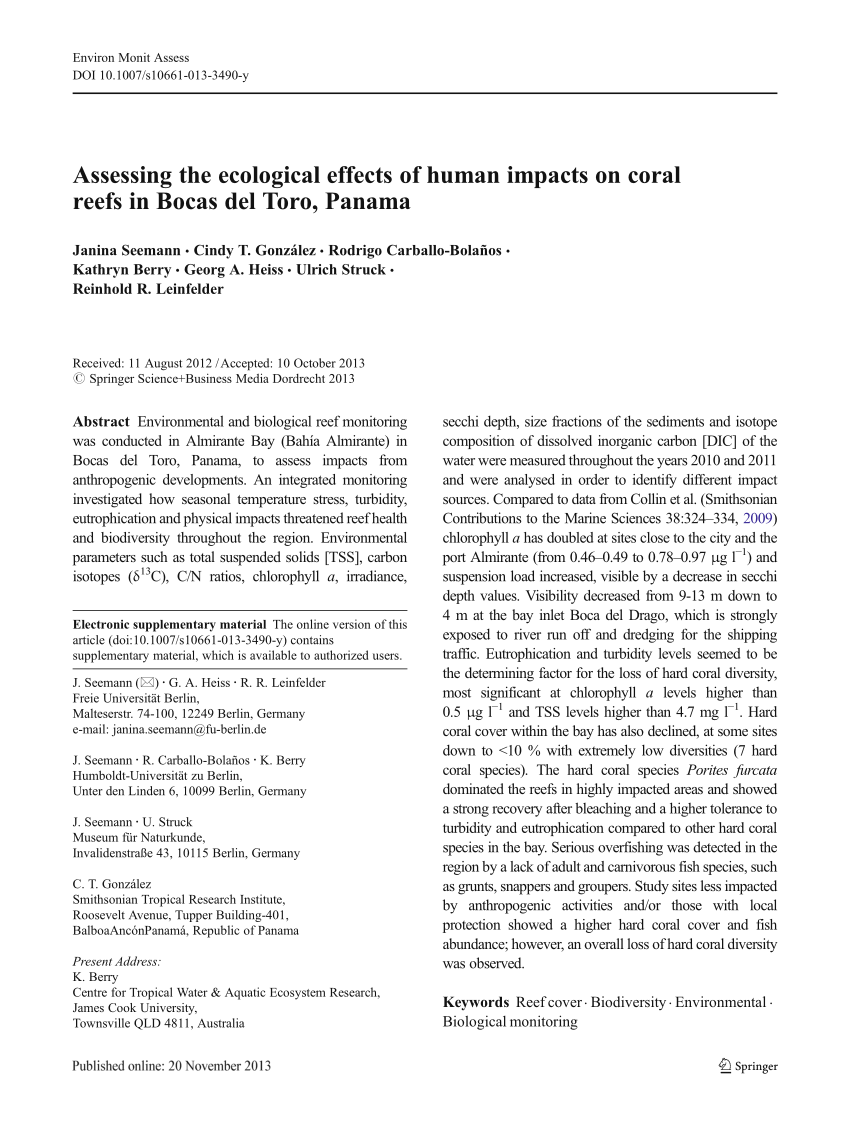 Pdf Assessing The Ecological Effects Of Human Impacts On Coral Reefs In Bocas Del Toro Panama