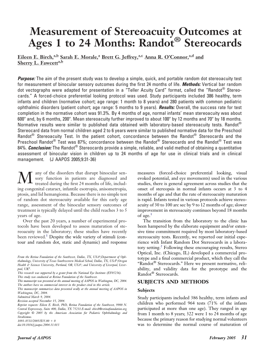 PDF) Measurement of stercoacuity outcomes during infancy: Infant random dot  stereocards