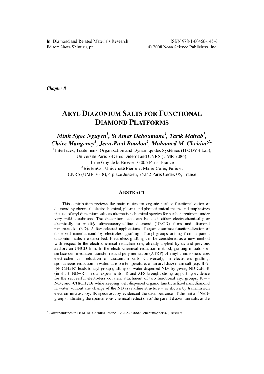 Pdf Aryl Diazonium Salts For Functional Diamond Platforms