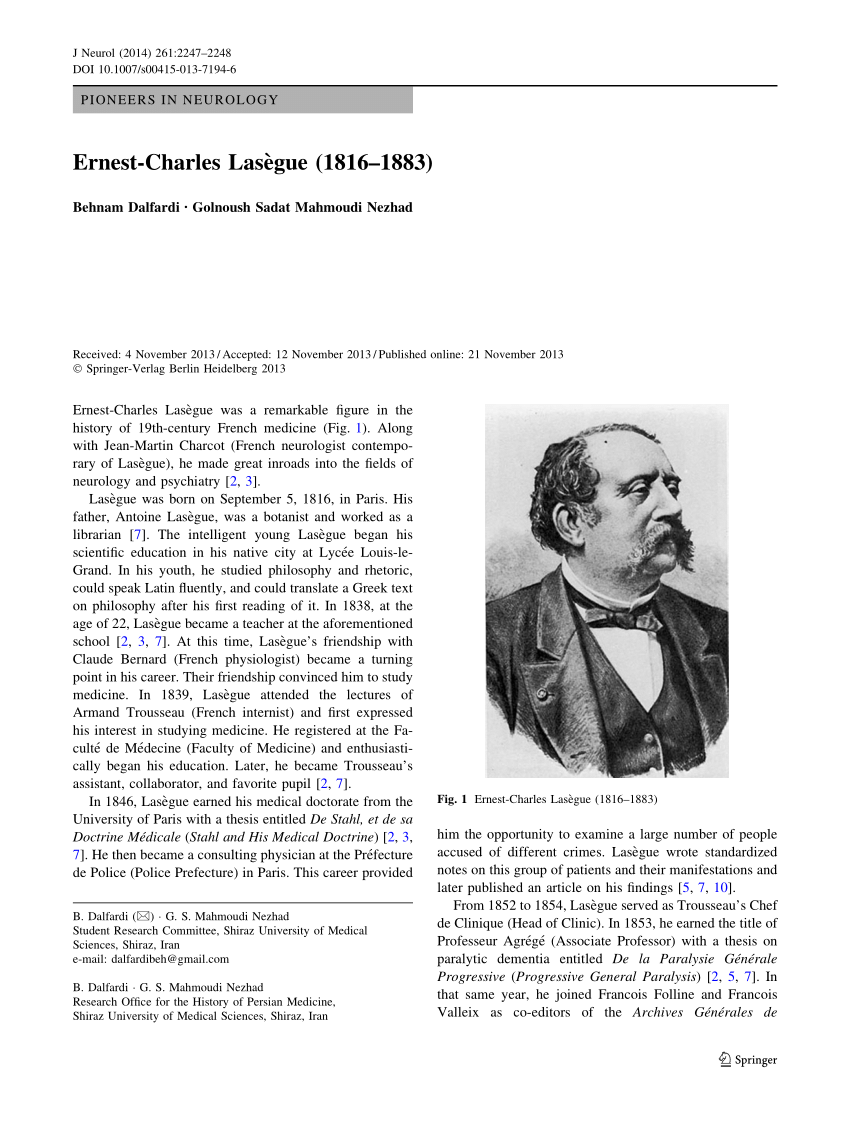 Pdf Ernest Charles Lasegue 1816 18