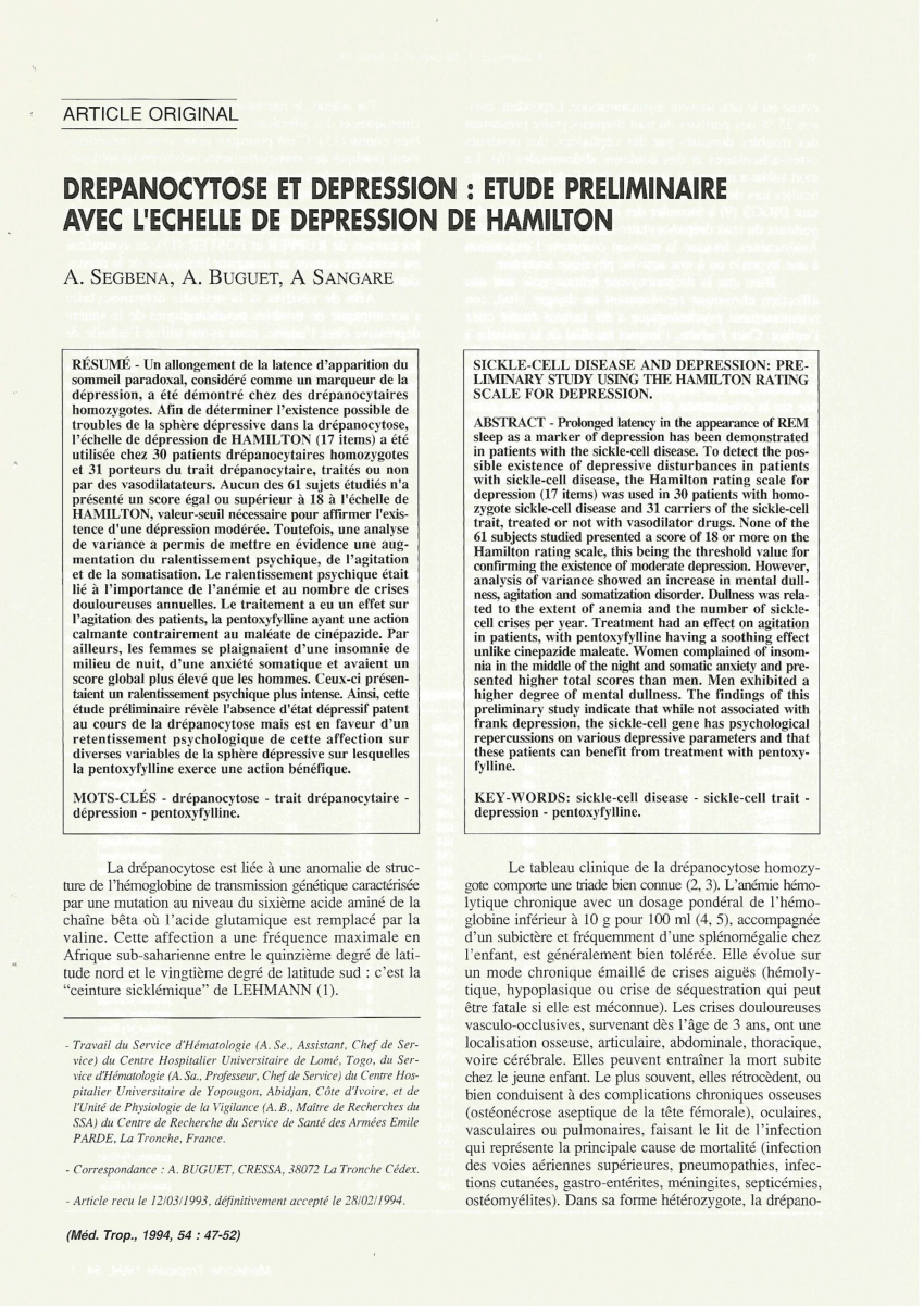 Pdf Drepanocytose Et Depression Etude Preliminaire Avec L Echelle De Depression De Hamilton