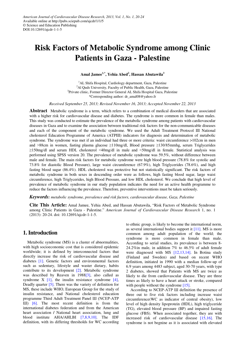 Pdf Risk Factors Of Metabolic Syndrome Among Clinic Patients In Gaza Palestine