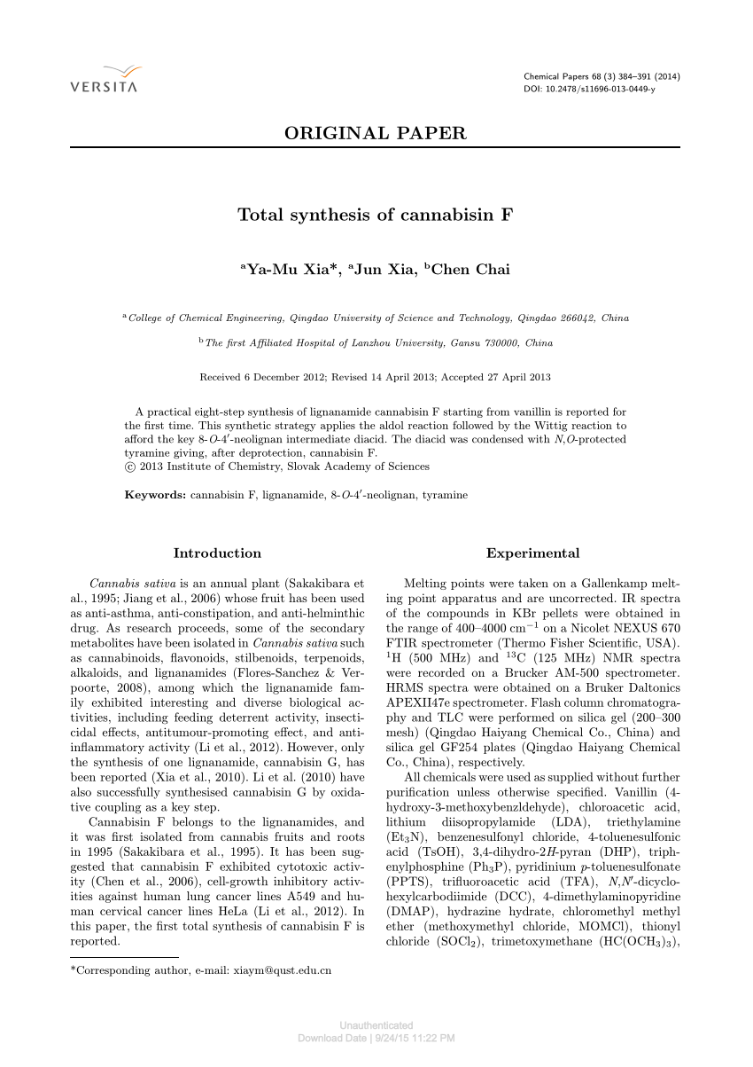 Pdf Total Synthesis Of Cannabisin F