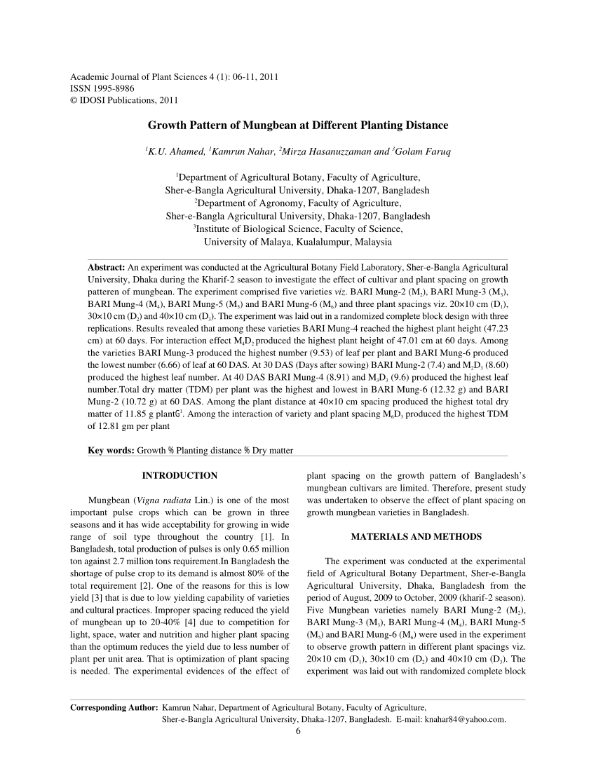 Pdf Growth Pattern Of Mungbean At Different Planting Distance