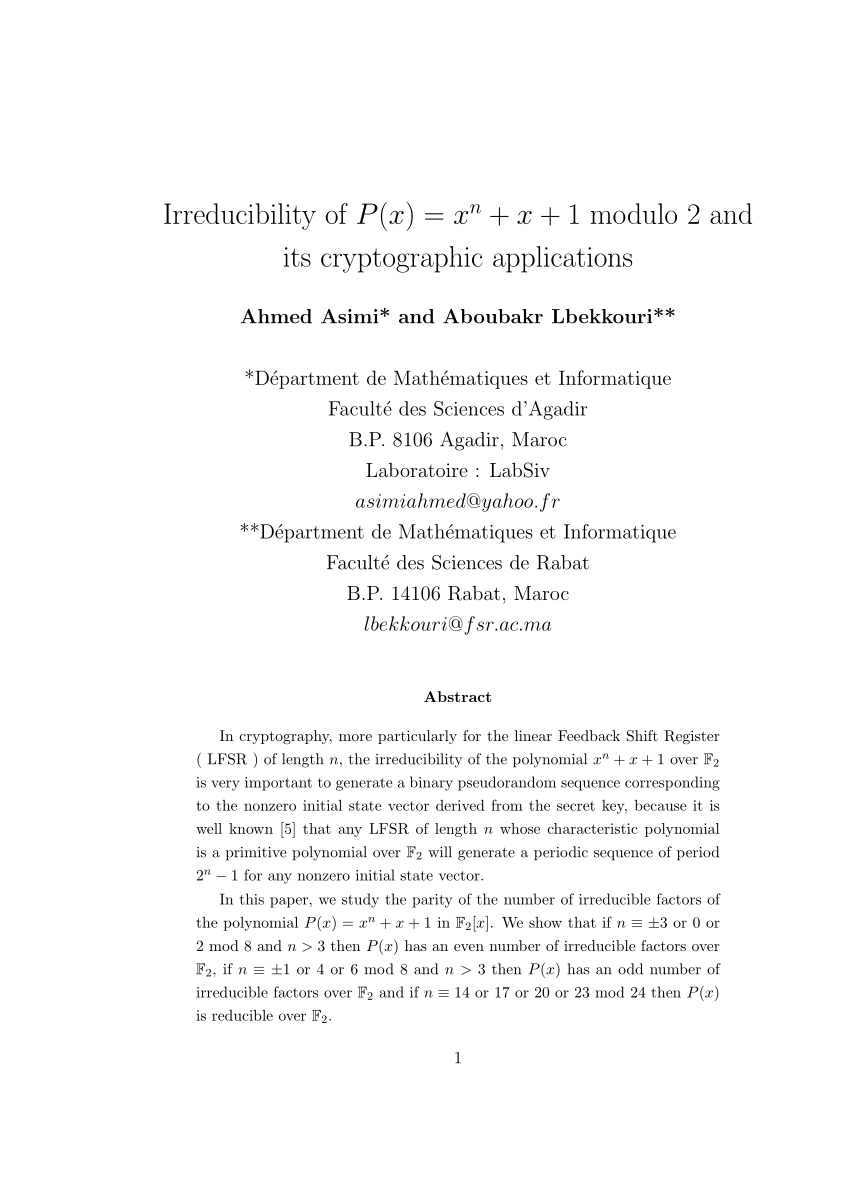 Pdf Irreducibility Of P X X N X 1 Modulo 2 And Its Cryptographic Applications
