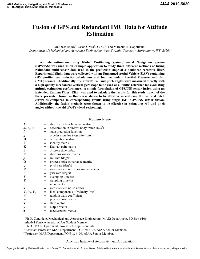 Pdf Fusion Of Gps And Redundant Imu Data For Attitude