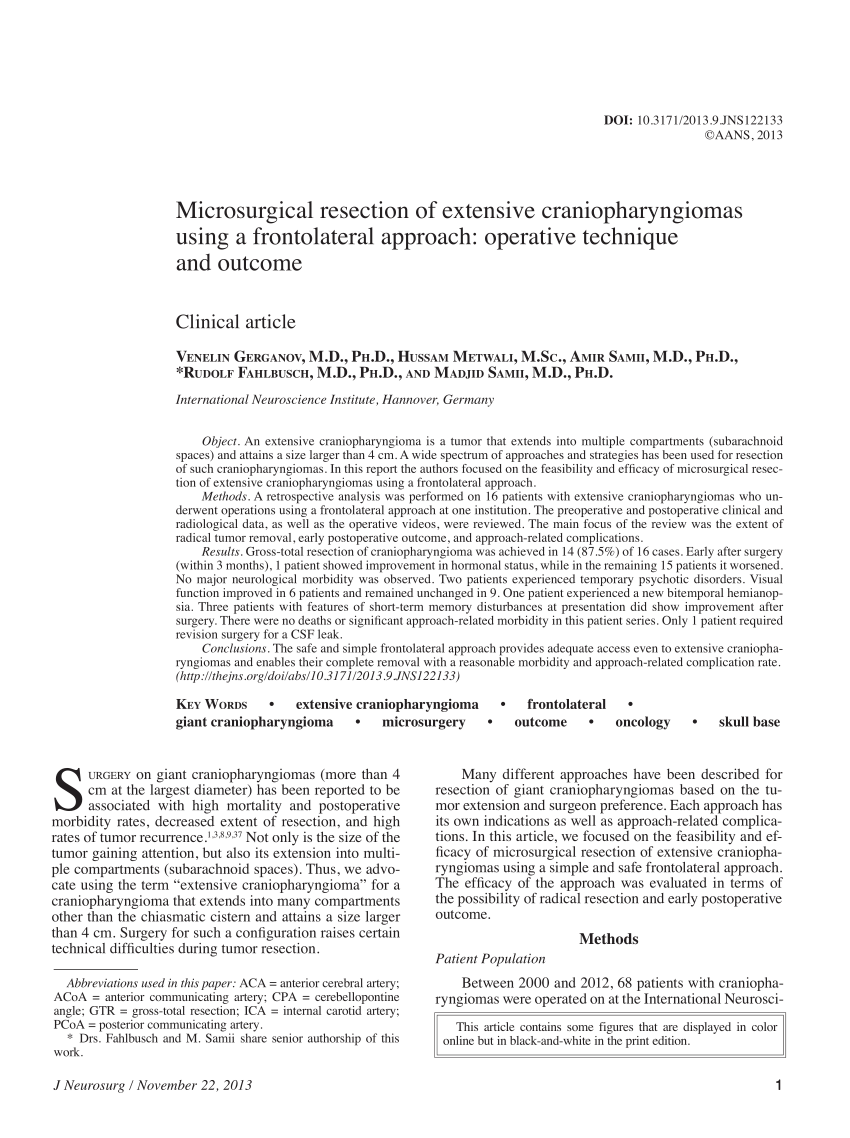 Pdf Microsurgical Resection Of Extensive Craniopharyngiomas Using A Frontolateral Approach 2118