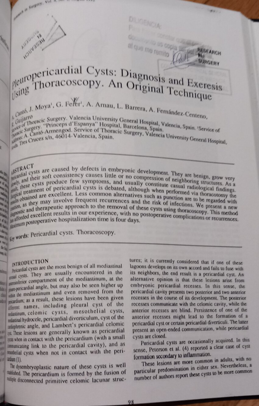 Pdf Pleuropericardial Cysts Diagnosis And Exeresis Using Thoracoscopy An Original Teachnique 3148