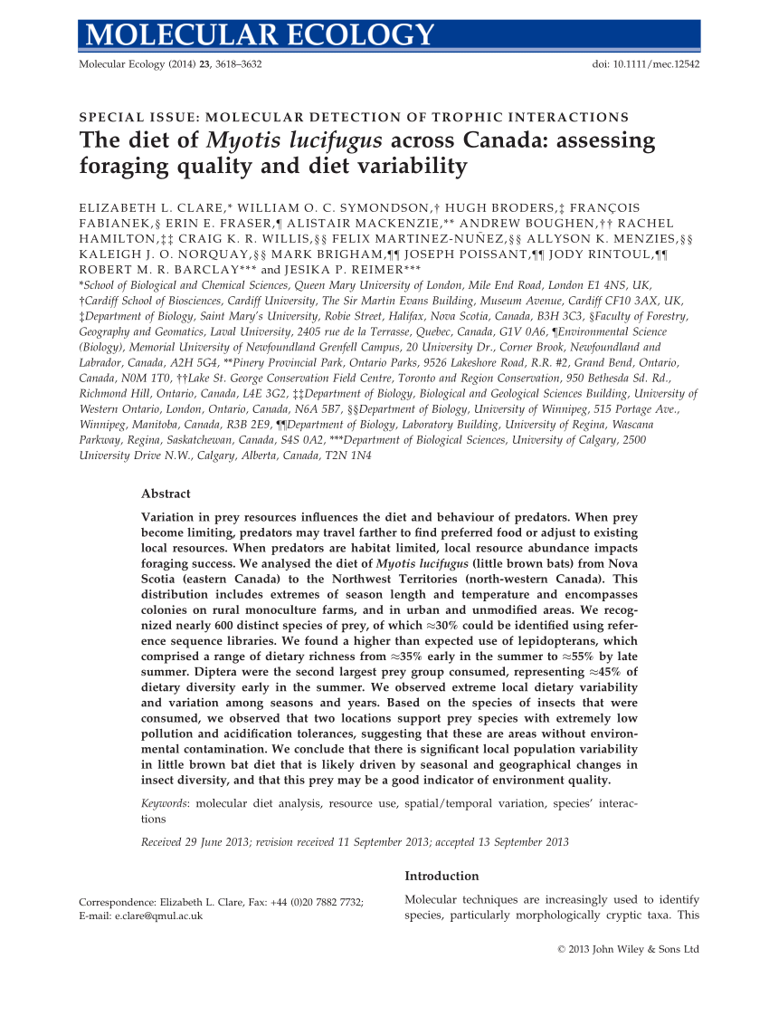 PDF) The diet of Myotis lucifugus across Canada: Assessing ...