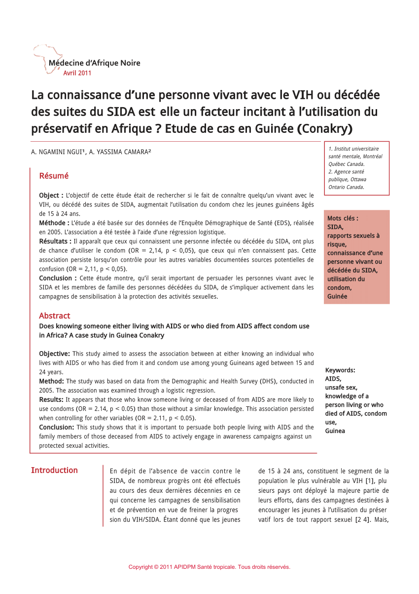 Pdf La Connaissance D Une Personne Vivant Avec Le Vih Ou Decedee Des Suites Du Sida Est Elle Un Facteur Incitant A L Utilisation Du Preservatif En Afrique Etude De Cas En Guinee Conakry