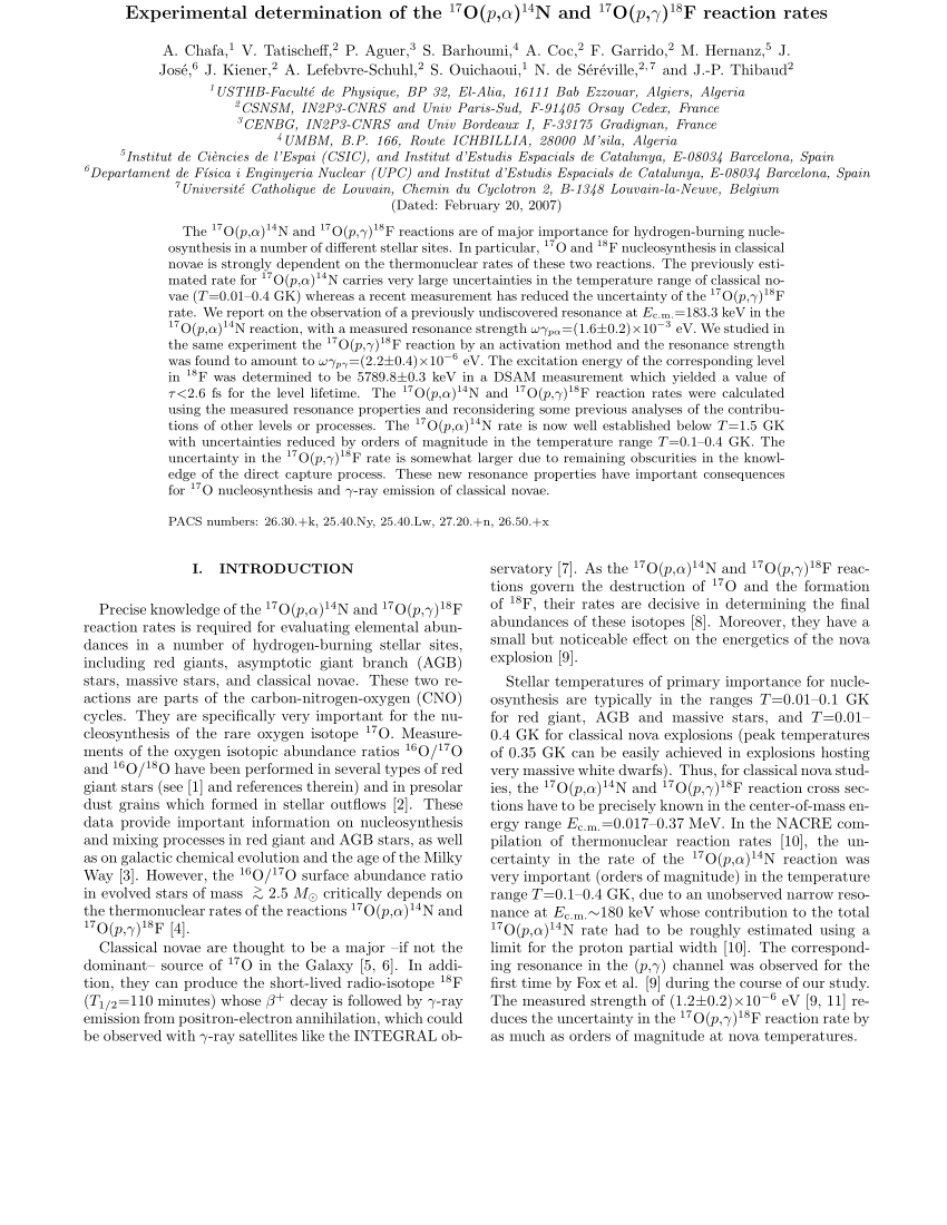Pdf Experimental Determination Of The O17 P A N14 And O17 P G F18 Reaction Rates