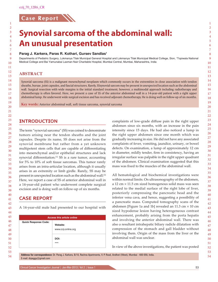 Pdf Synovial Sarcoma Of The Abdominal Wall An Unusual Presentation
