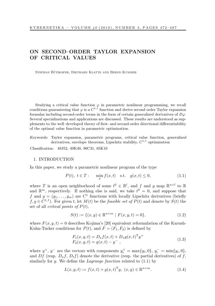 Pdf On Second Order Taylor Expansion Of Critical Values