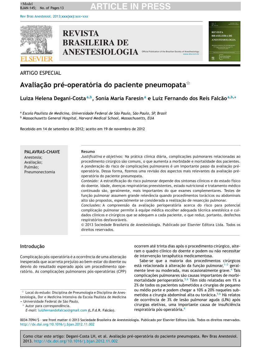 Pdf Avaliação Pré Operatória Do Paciente Pneumopata 5358