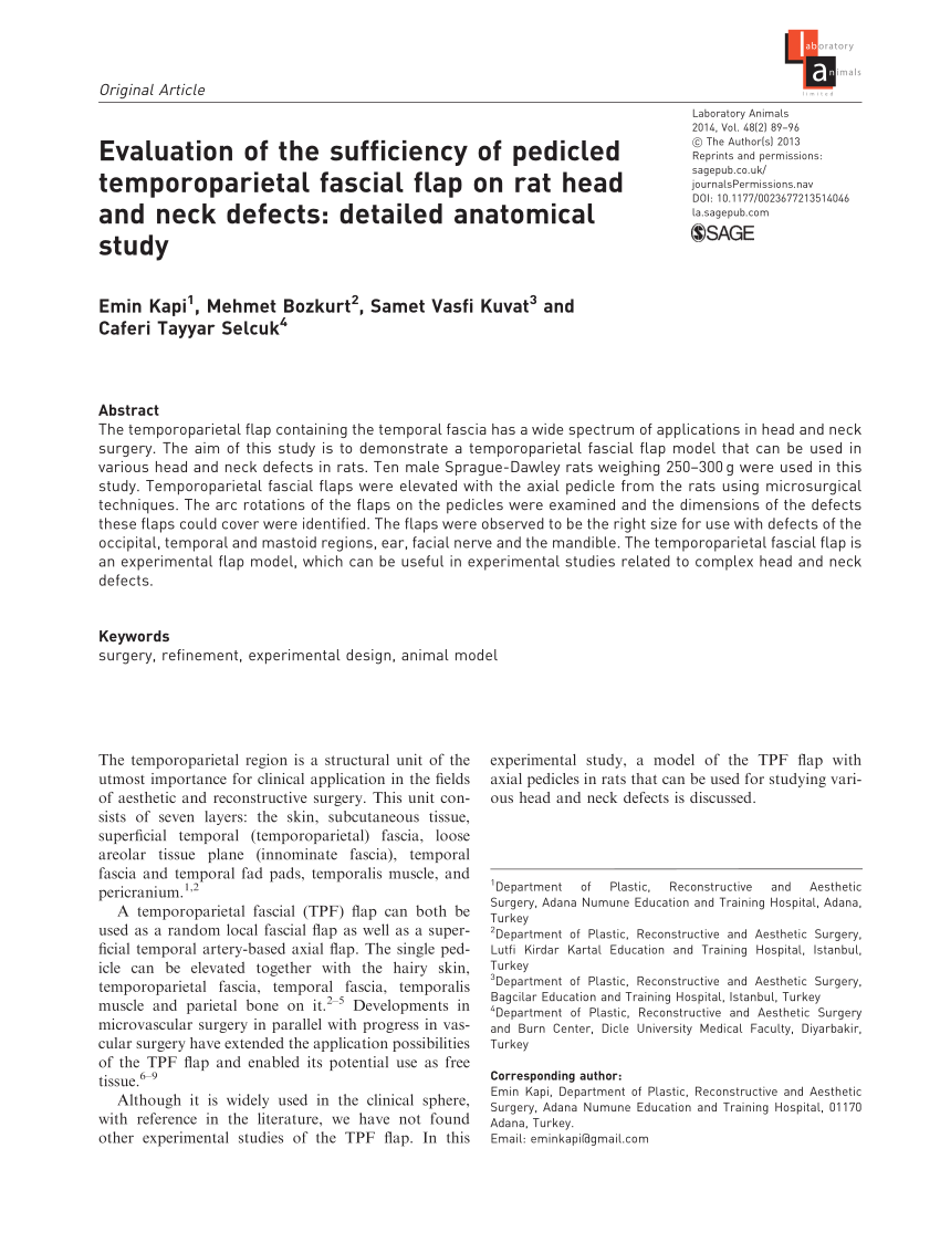 PDF) Evaluation of the sufficiency of pedicled temporoparietal fascial flap  on rat head and neck defects: Detailed anatomical study