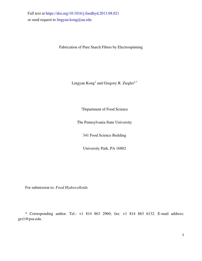 Pdf Fabrication Of Pure Starch Fibers By Electrospinning