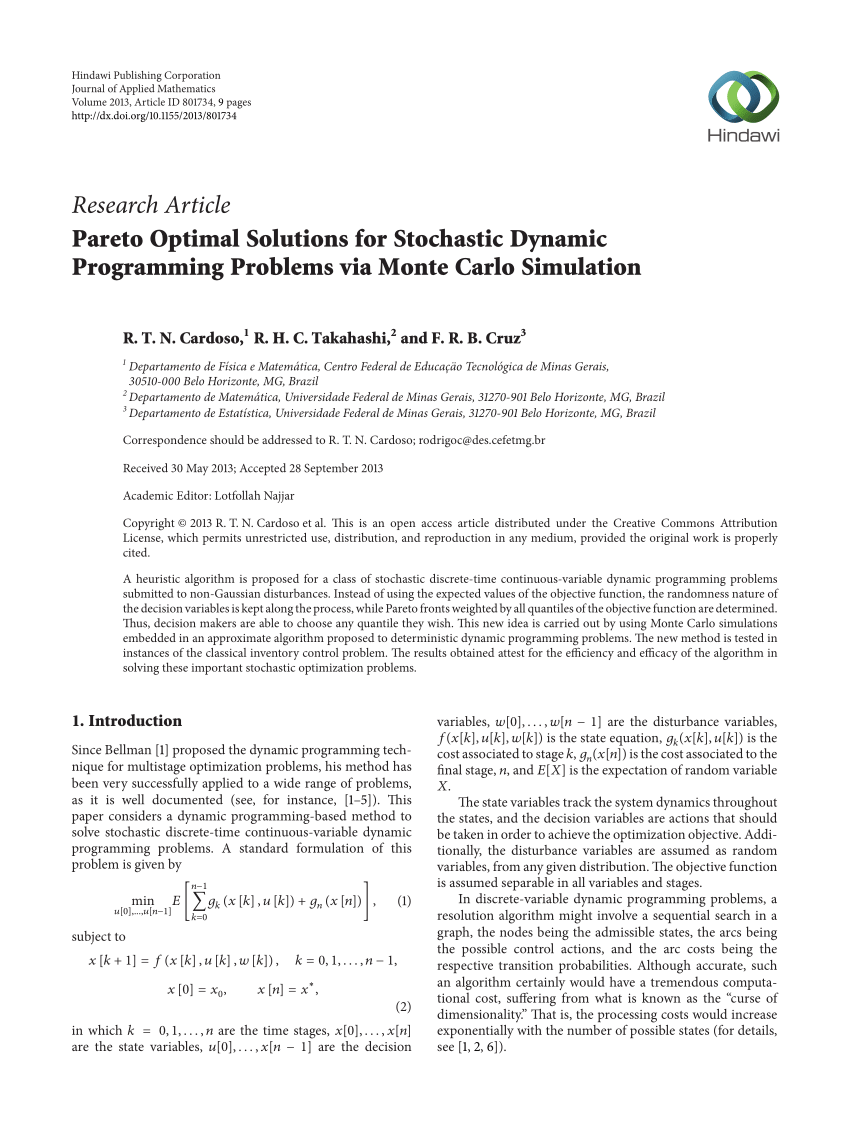 Pdf Pareto Optimal Solutions For Stochastic Dynamic Programming Problems Via Monte Carlo Simulation