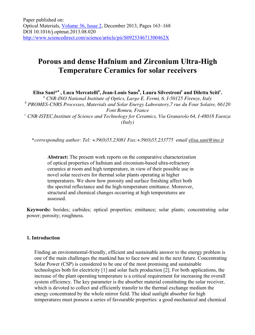 Pdf Porous And Dense Hafnium And Zirconium Ultra High Temperature Ceramics For Solar Receivers