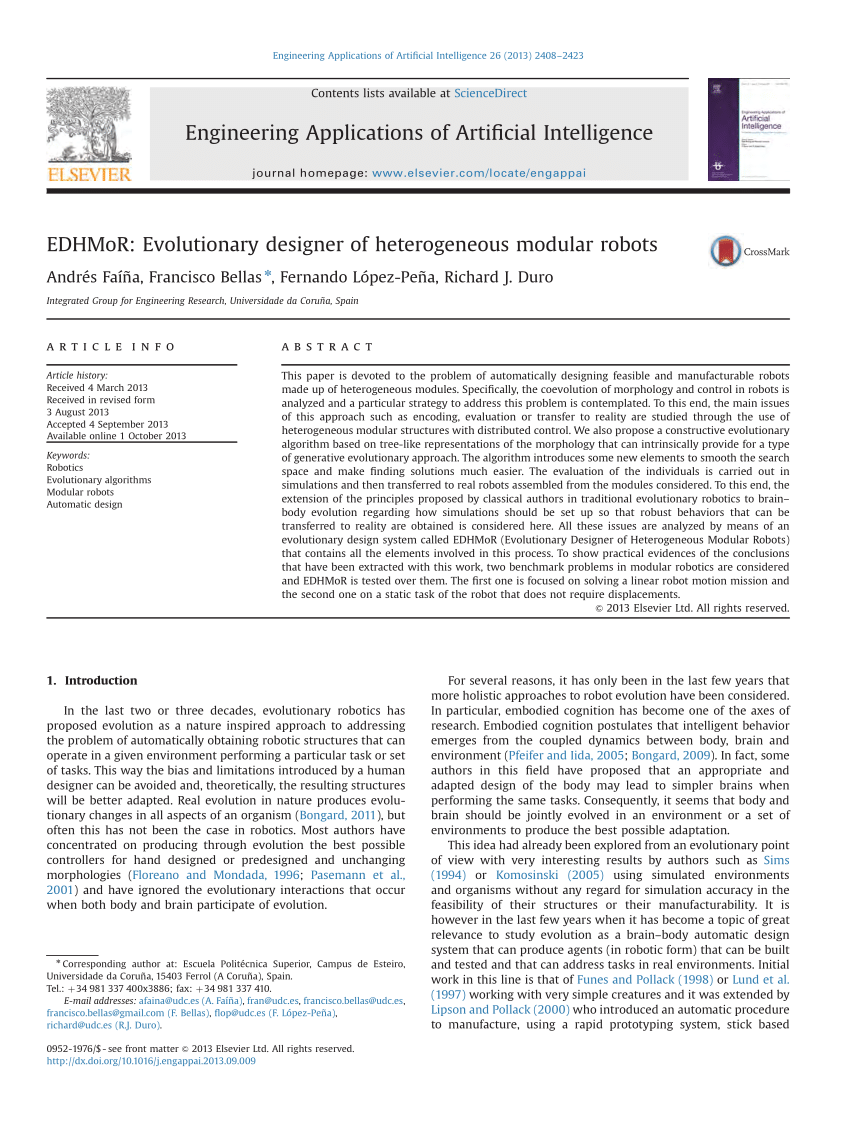 Pdf Edhmor Evolutionary Designer Of Heterogeneous Modular Robots