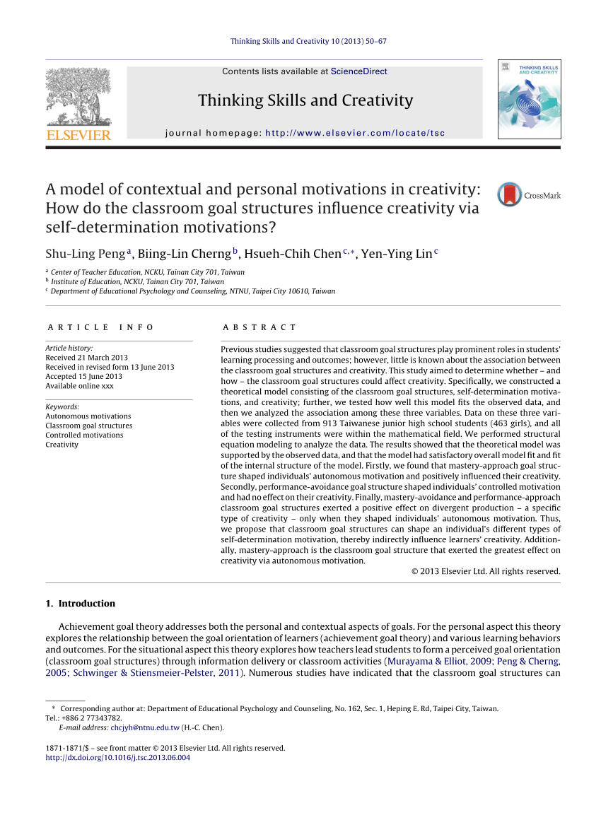 PDF) A model of contextual and personal motivations in creativity: How do  the classroom goal structures influence creativity via self-determination  motivations?