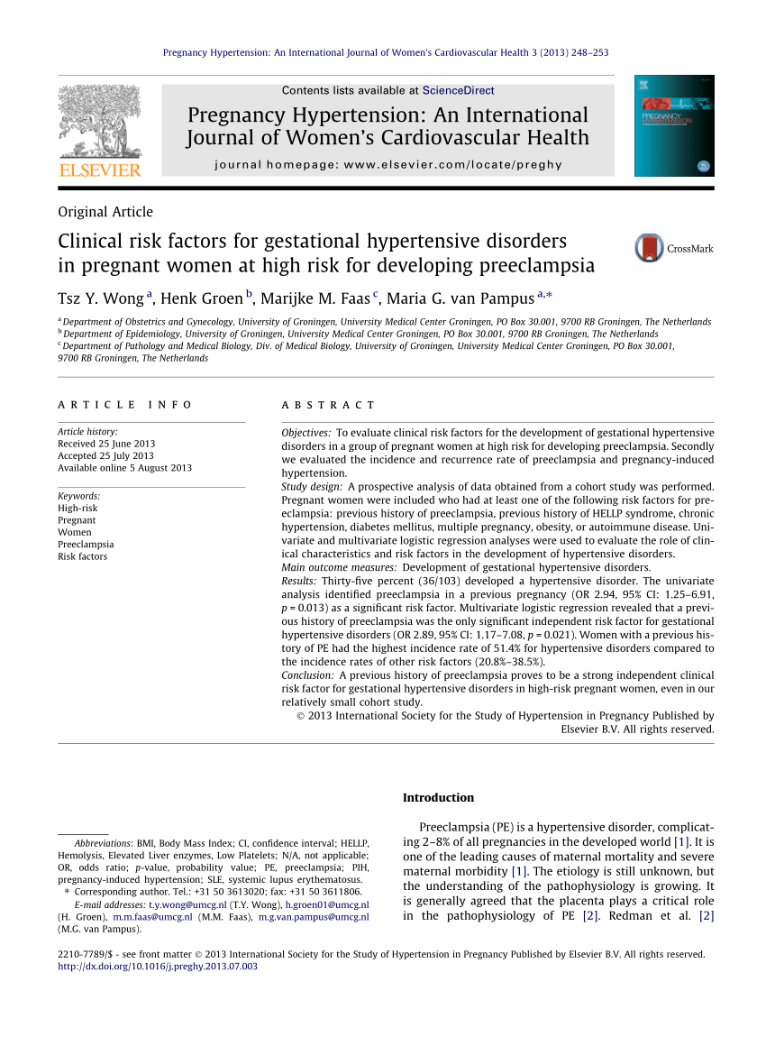 Pdf Clinical Risk Factors For Gestational Hypertensive Disorders In Pregnant Women At High 6881