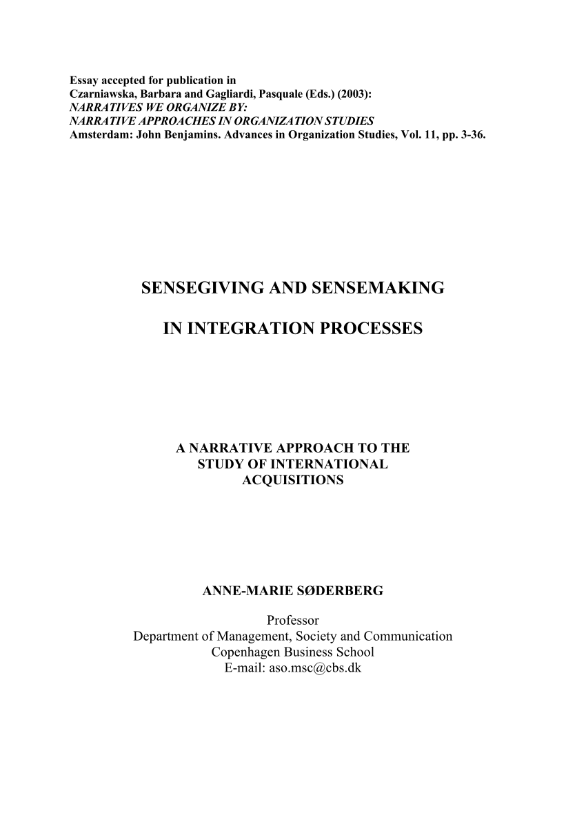 PDF) A.-M. 2003: Sensegiving sensemaking in an integration process: A narrative approach to the study of an international acquisition
