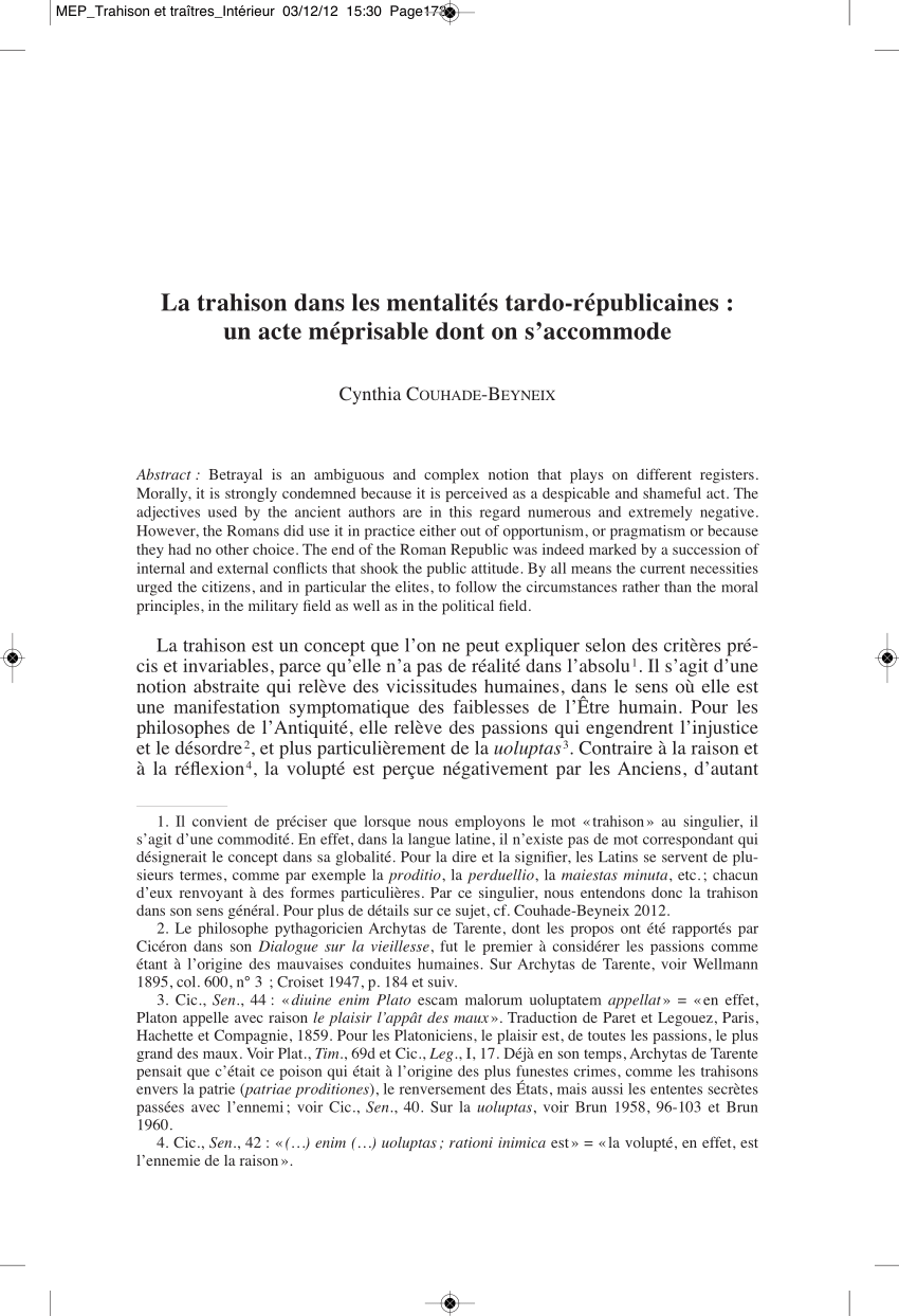 Pdf La Trahison Dans Les Mentalites Tardo Republicaines Un Acte Meprisable Dont On S Accommode