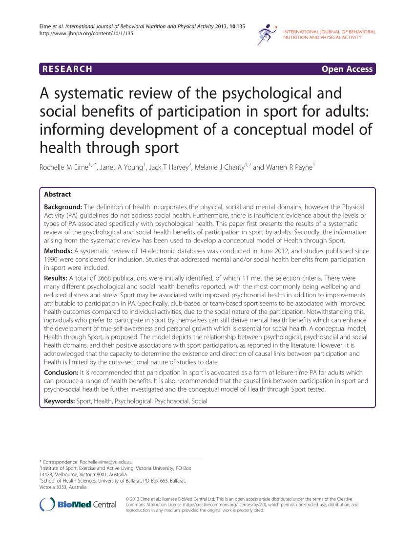 Pdf A Systematic Review Of The Psychological And Social Benefits Of Participation In Sport For