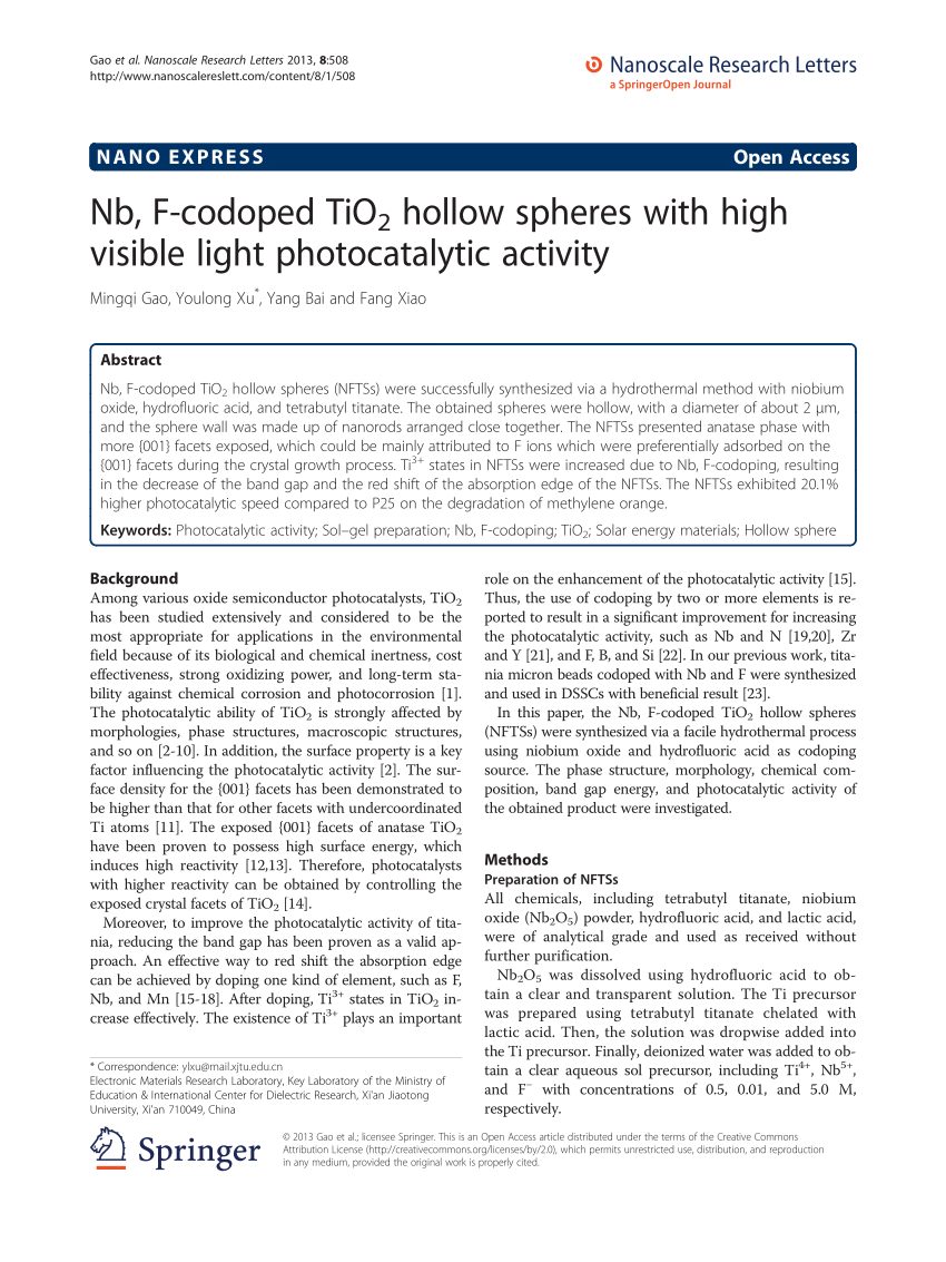 PDF) Nb, F-coated TiO2 hollow spheres with high visible light 