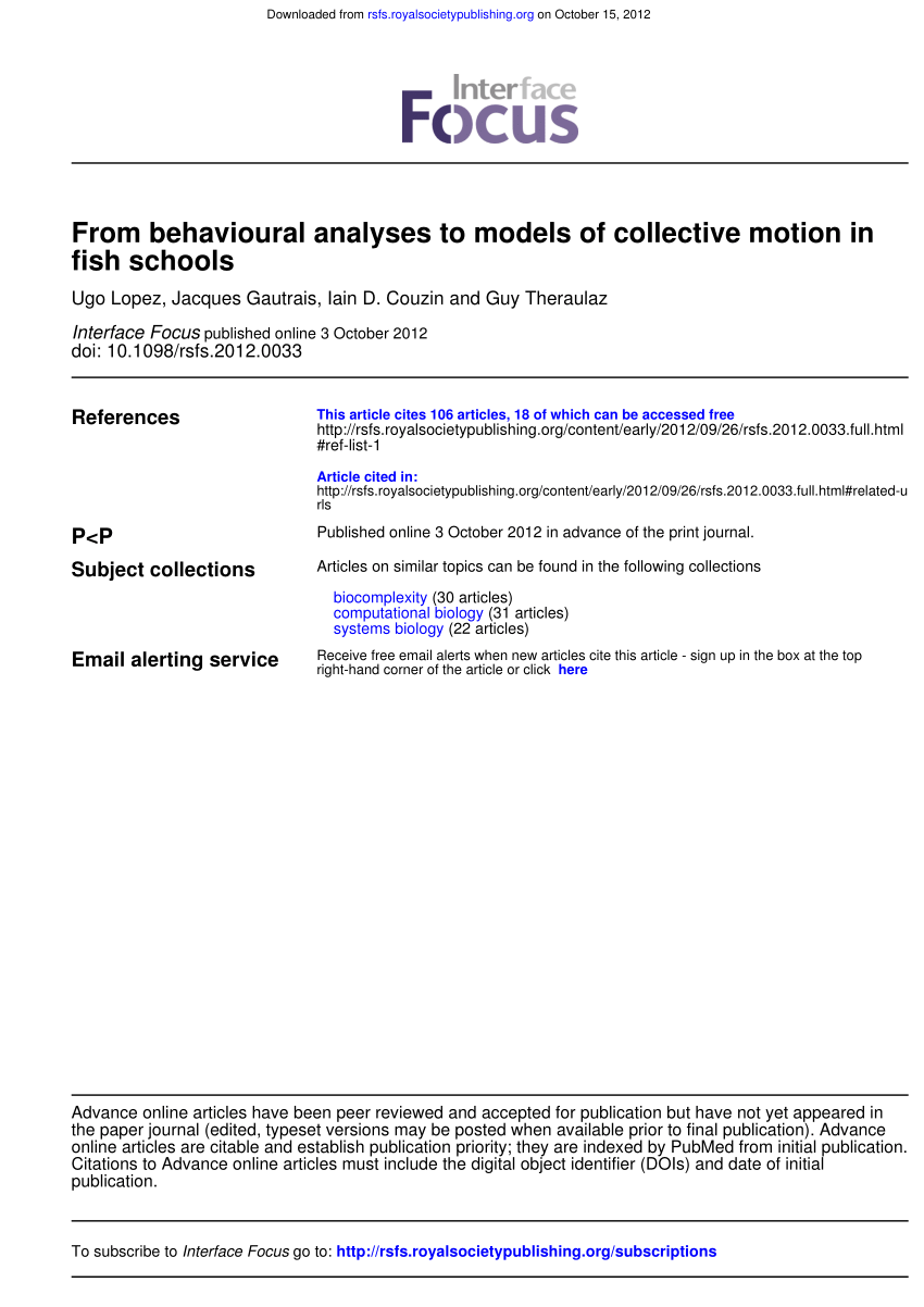 Pdf From Behavioural Analyses To Models Of Collective Motion In Fish Schools