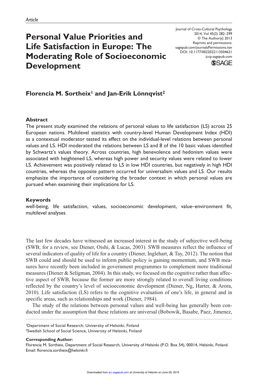 Pdf Personal Value Priorities And Life Satisfaction In Europe