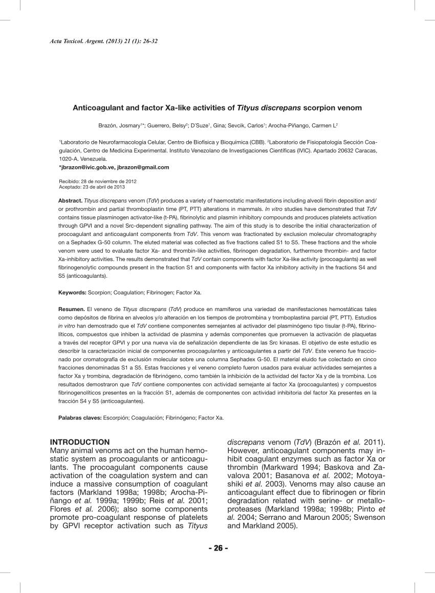 (PDF) Anticoagulant and factor Xa-like activities of Tityus discrepans ...