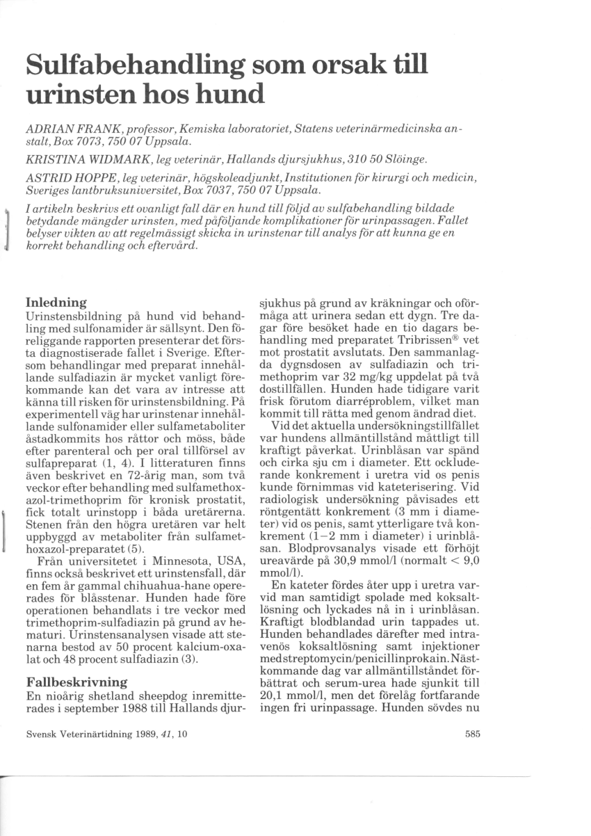 PDF) Sulfabehandling som orsak till urinsten hos hund. Sulfonamide treatment causing urolithiasis in the dog. Swedish with Summary in English) Veterinärtidning 1989, 41 (10) 585-587.