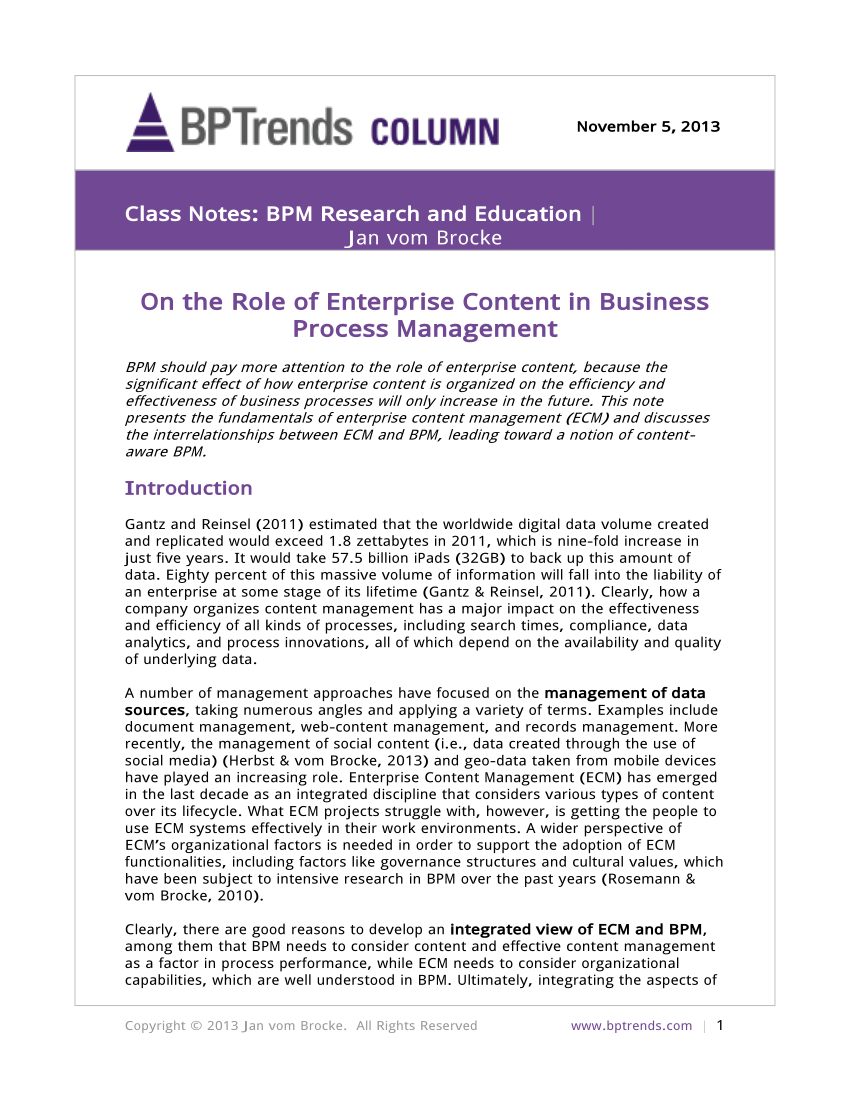 Pdf On The Role Of Enterprise Content In Business Process Management
