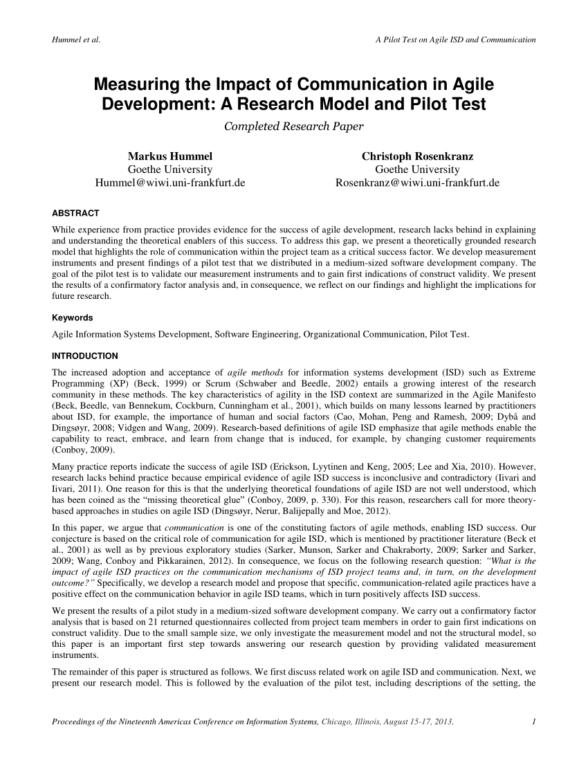 Measuring the Impact of Communication in Agile Development: A Research Model and Pilot Test